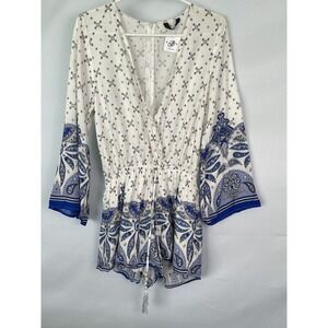 NEW Haute Rogue Long Sleeve Romper White/Blue Floral | Size L